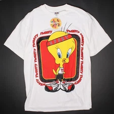 VTG Deadstock Looney Tunes Mens T Shirt White Red Tweety Bird Single Stitch USA 