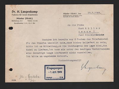 MÜNSTER, Rechnung 1949, Dr. H. Langenkamp Facharzt für innere Krankheiten