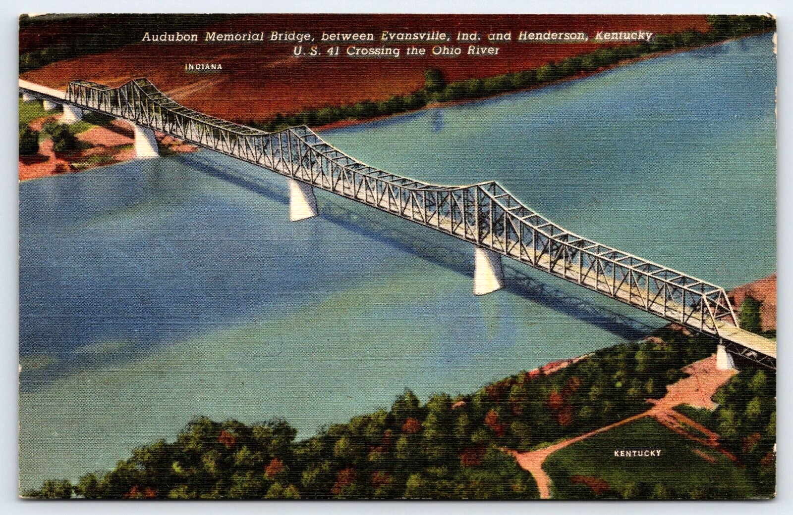 Original Vintage Postcard Audubon Memorial Bridge Ohio River Indiana Kentucky