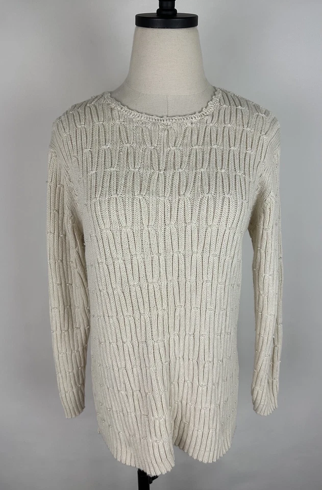 Suéter Vintage Años 90 Mujer Pequeño Marfil Tejido con Cable Perla Cuentas Romántico Boho Foto 2 de 4