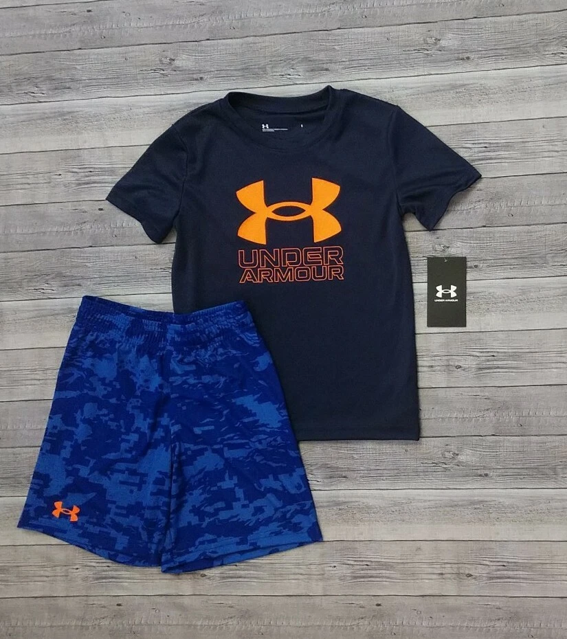 New Boy s Under Armour Navy Blue Orange Tee and Shorts Outfit 5 6