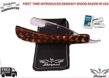SHARPEND NEW  WOODEN BARBERS CUT THROAT RAZOR SET COMPLETE WITH BLADES AND POUCH