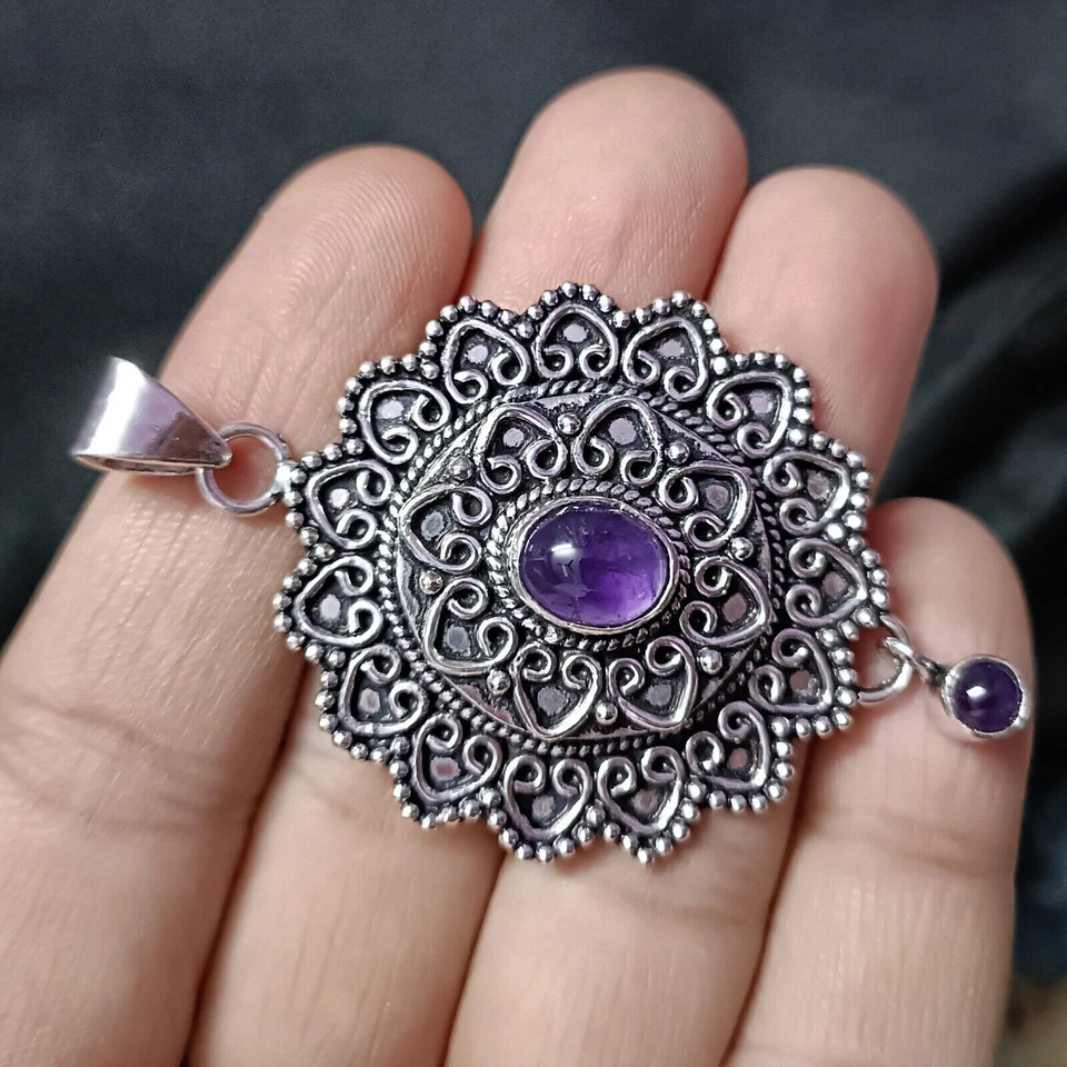 Ciondolo per uomo e donna con fiore in argento sterling 925 con gemma di... - Immagine 4 di 4