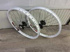 Old School Bmx Style Wheel Set High Flange Hubs 3/8" Axles Redline Logos White