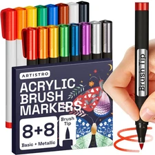 Acrylic Paint Pens Brush Tip, 8 Metallic & 8 Basic Colors Acrylic Paint