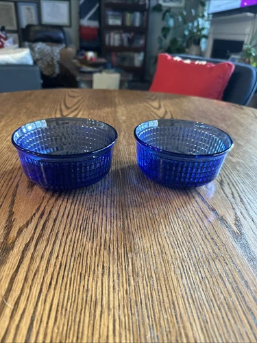 Cobalt Blue Glass Cereal / Soup Bowls Vintage Waffle Checkered Set Of 2