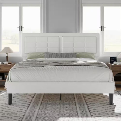 Upholstered Bed White Wood and Metal Frame Queen Platform Bed with Adjustable He