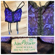 Vintage Nan Flower Bustier Black Lace Blue Shiny Lace Up GARTER Belt Corset M