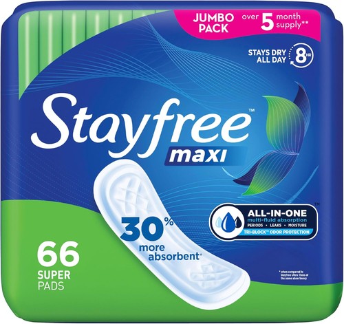 Stayfree Maxi Pads for Women, Super Protection Absorption - 66 Count