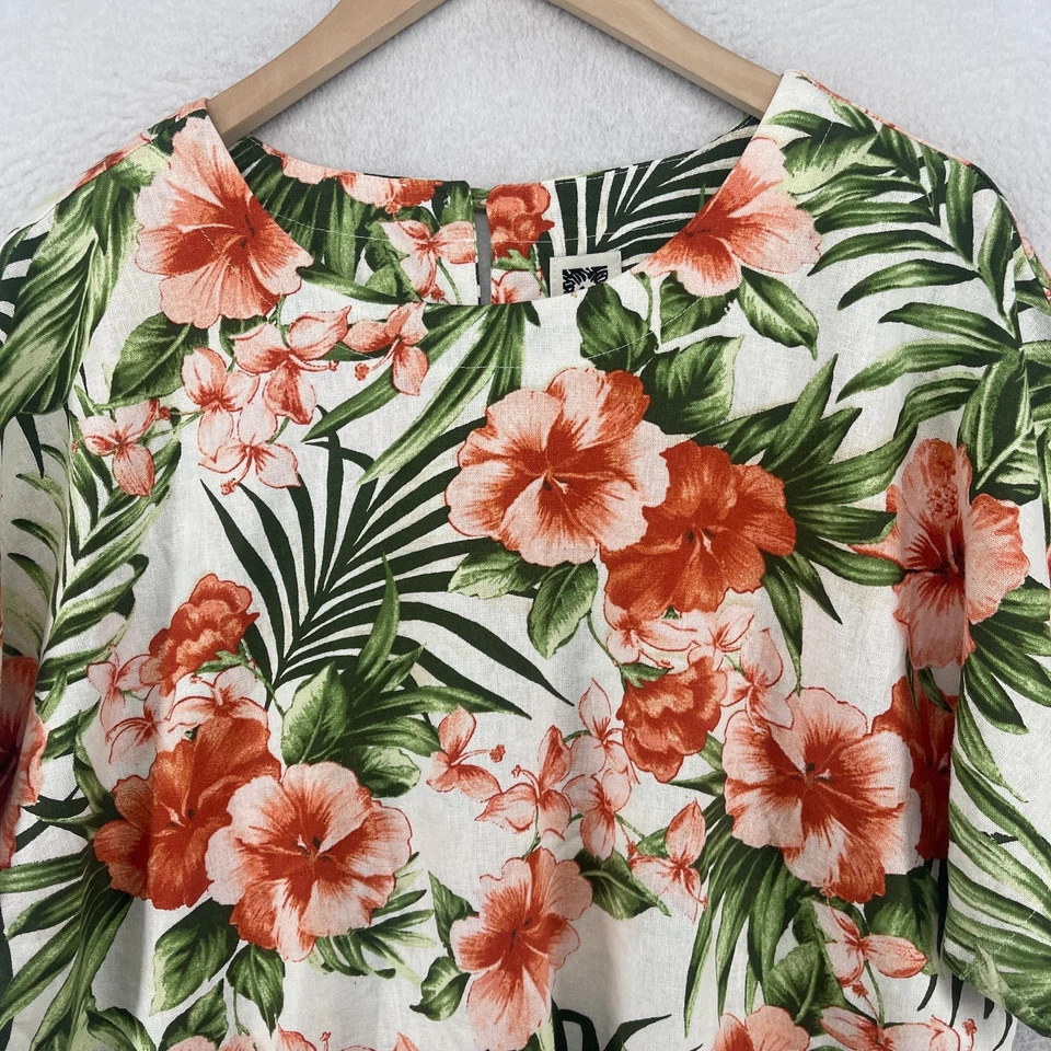 ANNE KLEIN Top M Tropical Floral Linen Blend Blouse Boxy Dolman Pink Green - Image 4 of 4
