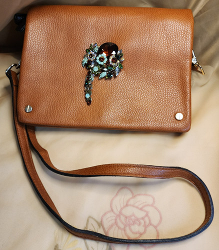 Street Level Brown Faux Leather Crossbody Messenger Bag Custom Rhinestone Brooch