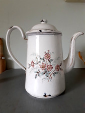 Grande cafetière tôle émaillée ancienne blanche décor  fleurs