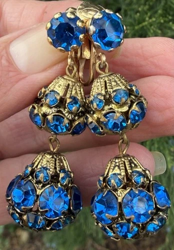 Vintage Blue Rhinestone Dangle ball clip Earrings costume jewelry