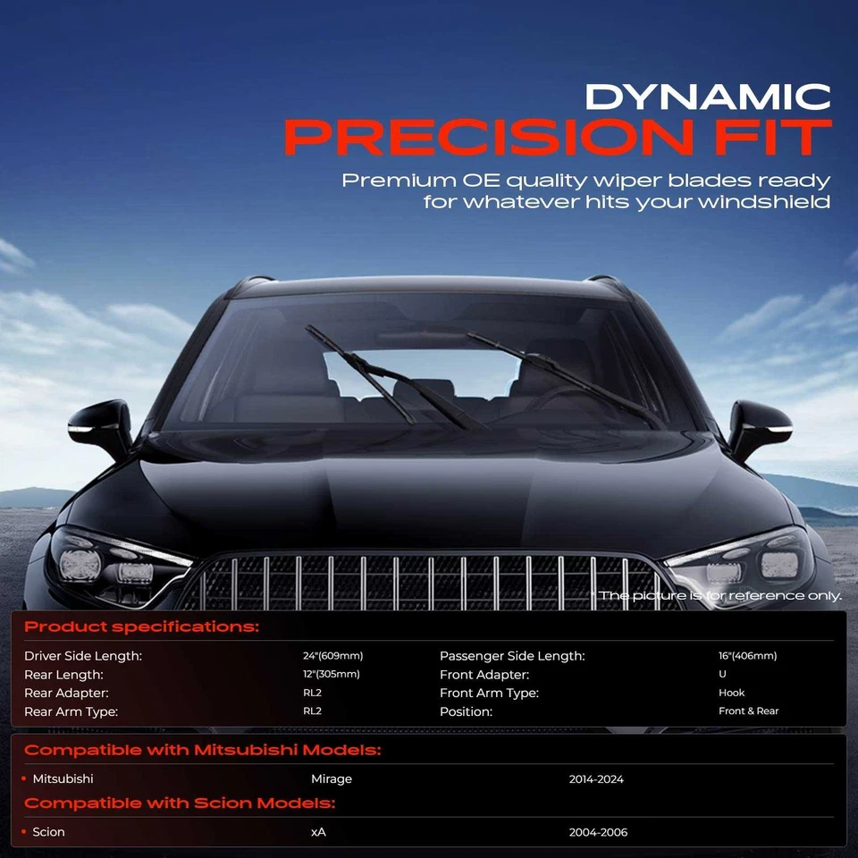 3Pcs 24'' & 16'' & 12''Windshield Wiper Blades for Mitsubishi Mirage Scion xA - Image 2 of 4