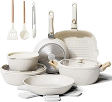 19 Pcs Pots and Pans Set Non Stick Ceramic set, Cream White 19pcs 