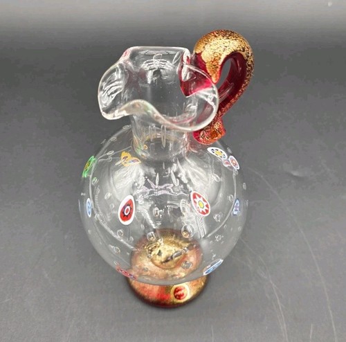 Vintage Murano Italy Art Glass Pitcher Millefiori Gold Red Baccerini Signed 8" - Picture 3 of 7