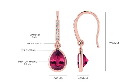 Natural Pink Tourmaline Teardrop Earrings 14k Solid Gold Diamond Dangle Earrings - Picture 12 of 22