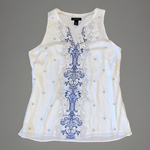 White House Black Market Women's White & Blue Embroidered Poly Lined Sleeveless