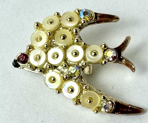 Unique Vintage Mother Of Pearl Rhinestone Enamel Gold Tone Metal Bird Brooch Pin - Picture 2 of 4