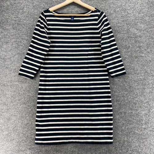 Gap Dress Women S Black Striped Shift Midi Long Sleeve Round Neck Cotton
