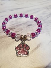 Handmade Pink Dog Paw Bracelet Pink  Clear Beads