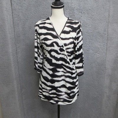 Boston Proper Blouse Womens XL Black White Zebra Print Wrap V Neck Tunic Top