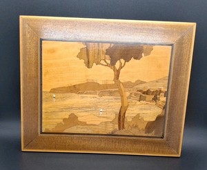 Mid-Century Wooden Inlay Marquetry Art Italian Ocean/Town Landscape. Wall Art