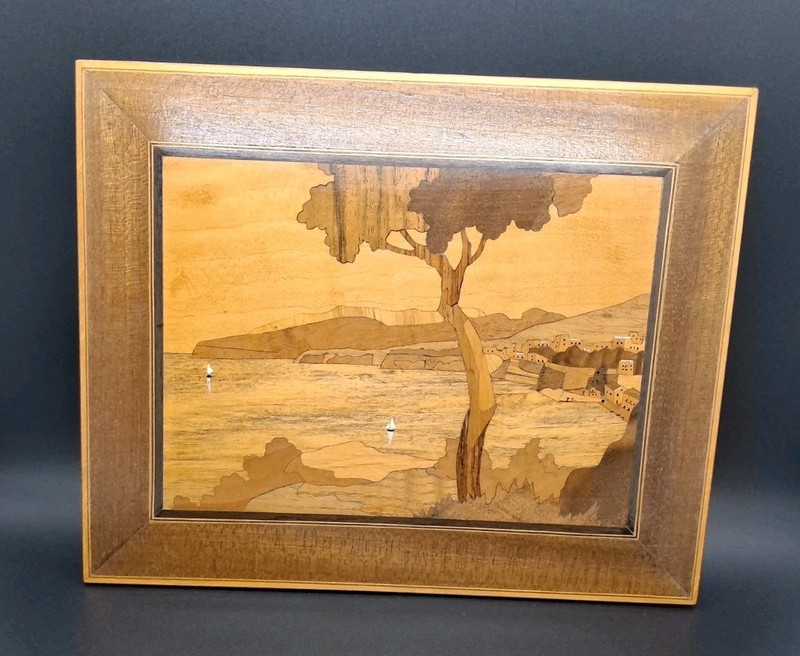 Mid-Century Wooden Inlay Marquetry Art Italian Ocean/Town Landscape. Wall Art