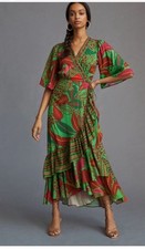 Farm Rio Anthropologie Flutter-Sleeve Wrap Maxi Dress Green tropical Floral XS