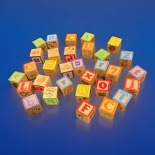 Vintage Wooden Blocks - Alphabet, Numbers, Pictures Lot of 30 - 1.75" BNS64 