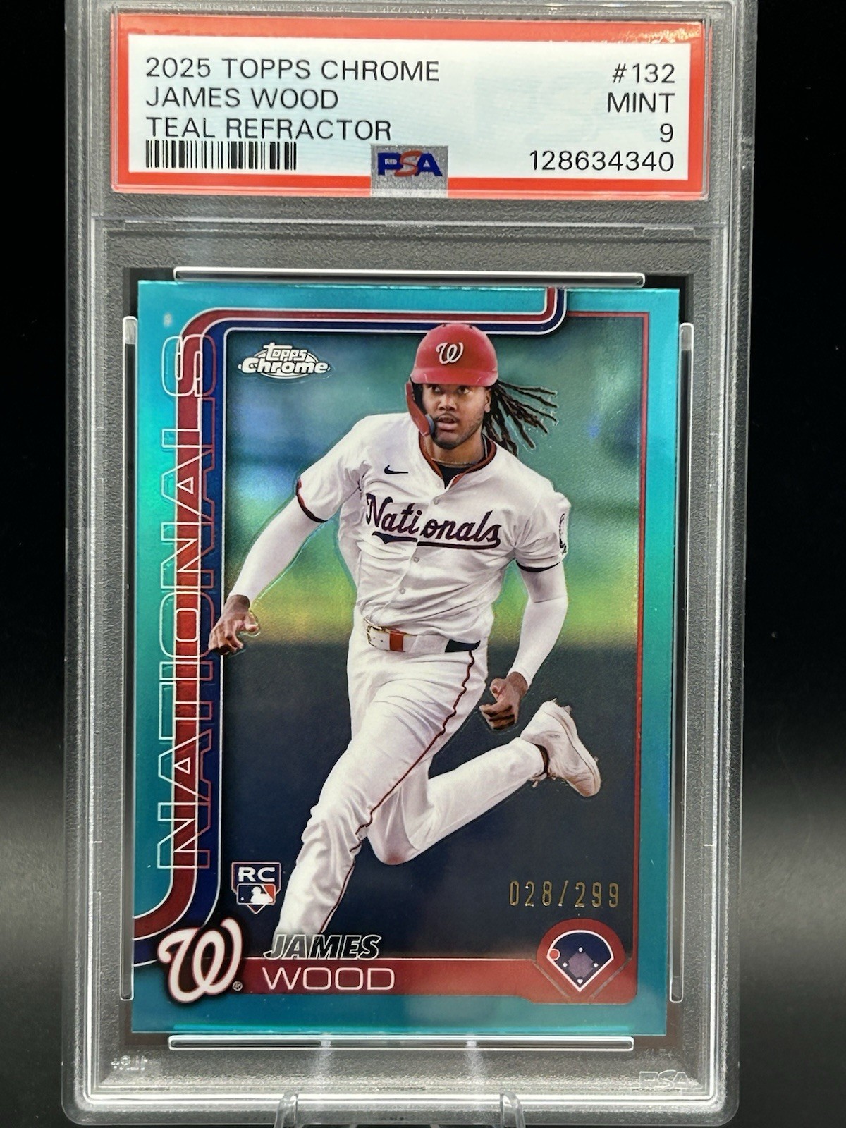 2025 TOPPS CHROME TEAL REFRACTOR #132 JAMES WOOD ROOKIE RC 28/299 PSA 9 B431