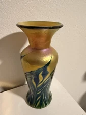 Lundberg Studios Art Glass Vase Pulled Feather Peacock Design 2001 8”