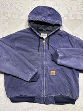 Vtg Carhartt Navy Midnight Work Jacket Mens 2XL Quilted Duck Coat Hooded 376-20