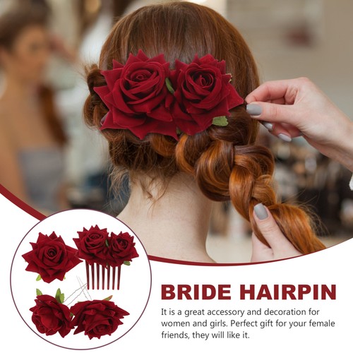 1Set Copricapo Sposa Matrimonio Artificiale Rosa Fiore Capelli Gioielli (Rosso) - Foto 5 di 12