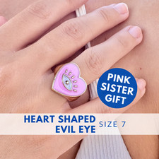 Pink Heart Eye Ring Enamel Gold Tone Protective Good Luck Jewelry