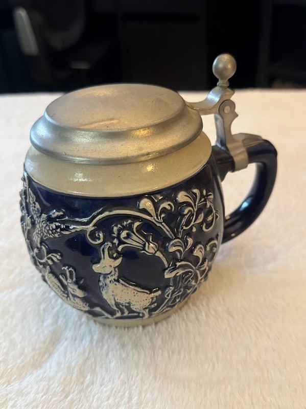 Vintage GERZ West Germany Beer Stein Pewter Lid Blue Relief Deer Rabbit Mug