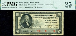 HGR FRIDAY 1924 Democratic Convention Ticket ((RARE)) PMG VF 25