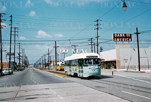 LAMTA. PCC CAR 3075. Vernon (CA). Original Slide 1958. 1ST GREEN CAR! (J)