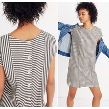 Madewell Stripe Play Button-Back Mini Linen Tee Dress Small Black White Stripe