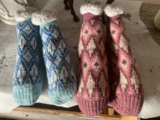 Muk Luks Womens Medium Two Pair Sherpa Lined Traction Knit Graphic Blue Purple