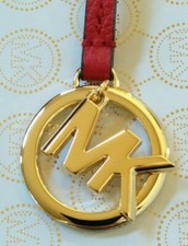 Michael Kors MK Logo Gold Charm / Scarlet Red Pebble Leather Strap Handbag Fob