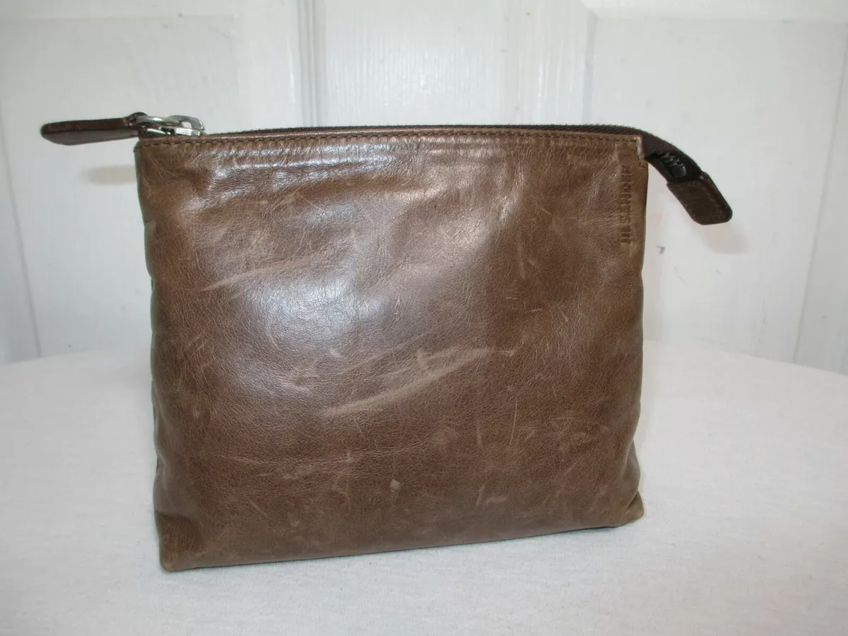 JIL SANDER DISTRESSED BROWN LEATHER TOP ZIP CLUTCH BAG MADE IN
