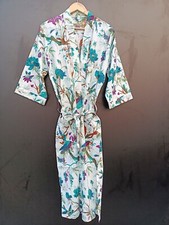 Indian Blue Birds Printed Cotton Robes Long Kimono Sleepwear Night Kimono Robe