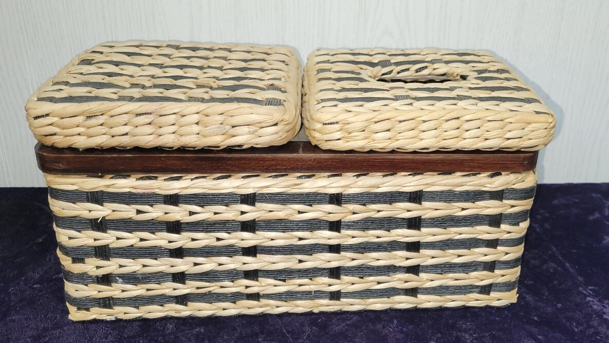 Vintage 1980s Wicker and Wood Bathroom Tissue Holder with Storage Compartment
