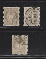 Norway 1896 1 ore Perf Variety, Scott 47a VF Used x 3, SCV $90
