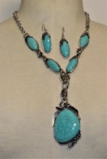 NWT Silvertone Faux Turquoise Set 18" Necklace Pierced Earrings