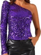 Allegra K Purple Sequined Top L One Shoulder Puff L/S Party Top Stage Wear NWT