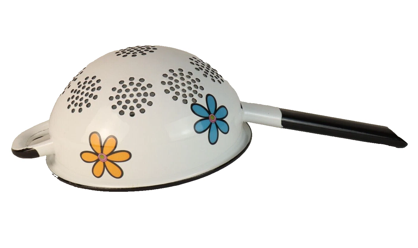 vintage strainer colander enamelware flowers orange green blue 1960s 1970s