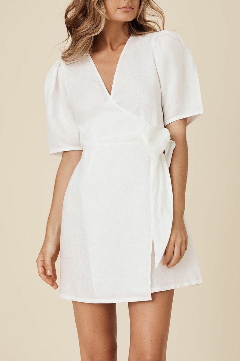 Posse Evelyn Wrap Dress XS 0 Women Casual Puff Short Sleeve Boho Mini NEW  36745