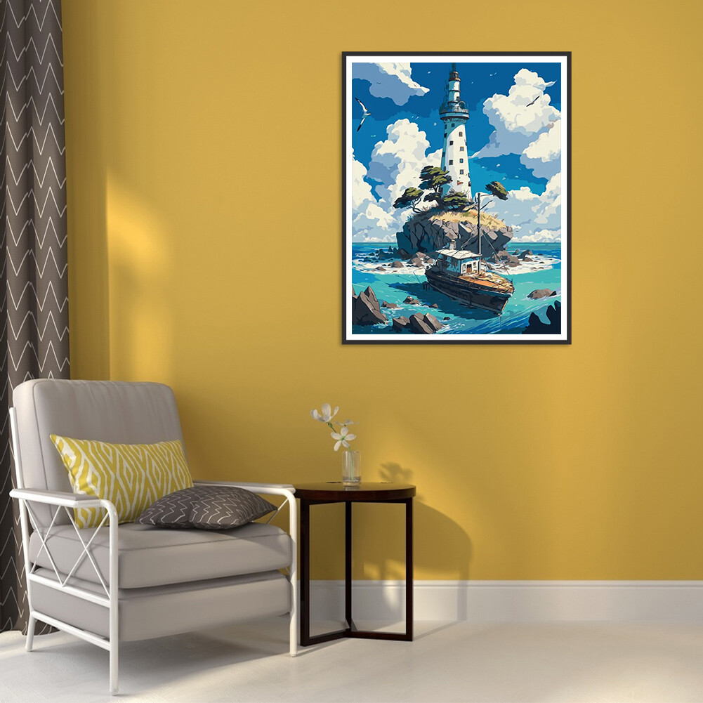 Paint By Numbers Kit DIY Seaside Lighthouse Oil Art Picture Craft Home